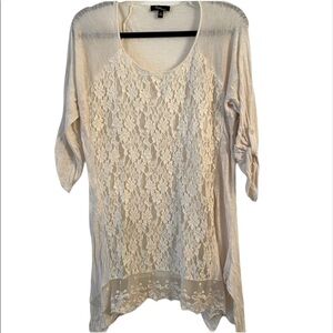 Cupio Cream Lace Stretch Knit Tunic Top Uneven Hem Boho Festival Feminine Beach